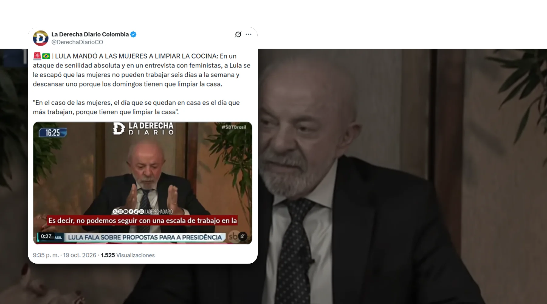 Captura de la publicación verificada sobre una foto de contexto: Lula no mandó a las mujeres a limpiar la cocina y su frase fue sacada de contexto