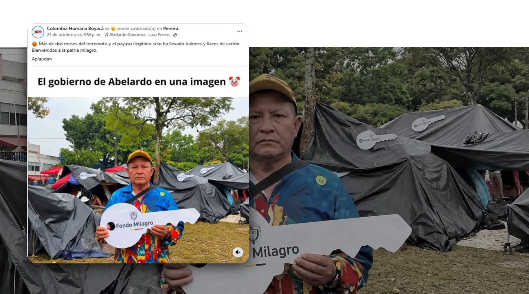 Captura de la publicación verificada sobre una foto de contexto: Montaje de damnificado por terremoto con llave del Fondo Milagro se hizo con IA