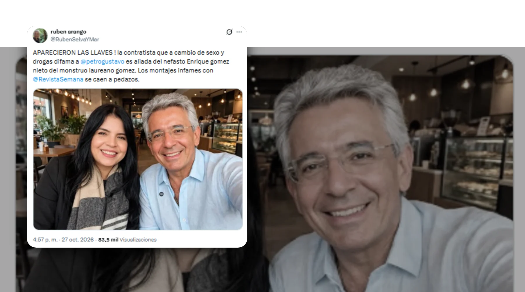 Captura de la publicación verificada sobre una foto de contexto: Montaje de Enrique Gómez junto a Deicy Jiménez tras denuncias contra Petro fue generada con IA