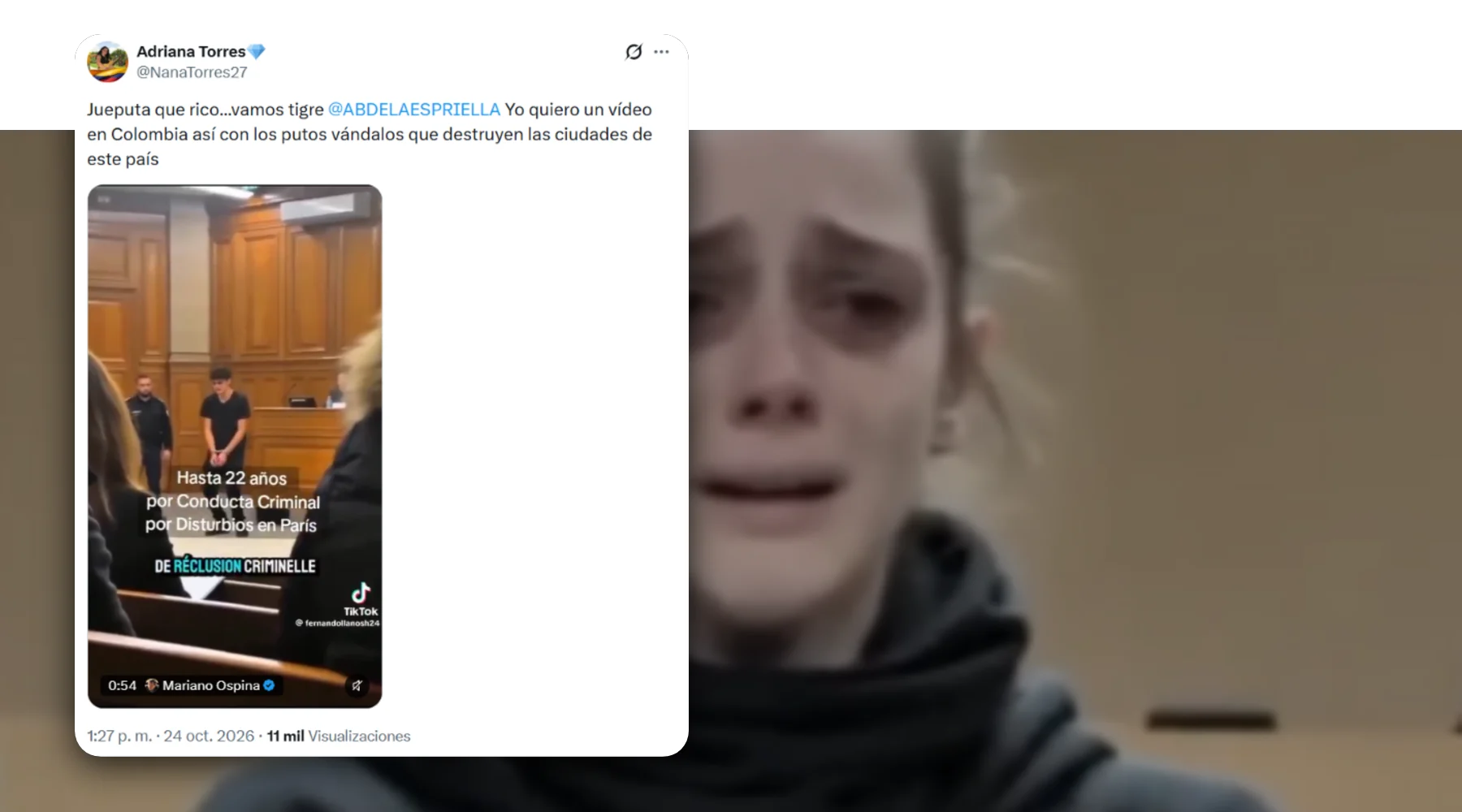 Captura de la publicación verificada sobre una foto de contexto: Montaje de supuestos jóvenes condenados por disturbios en Francia fue creado con IA