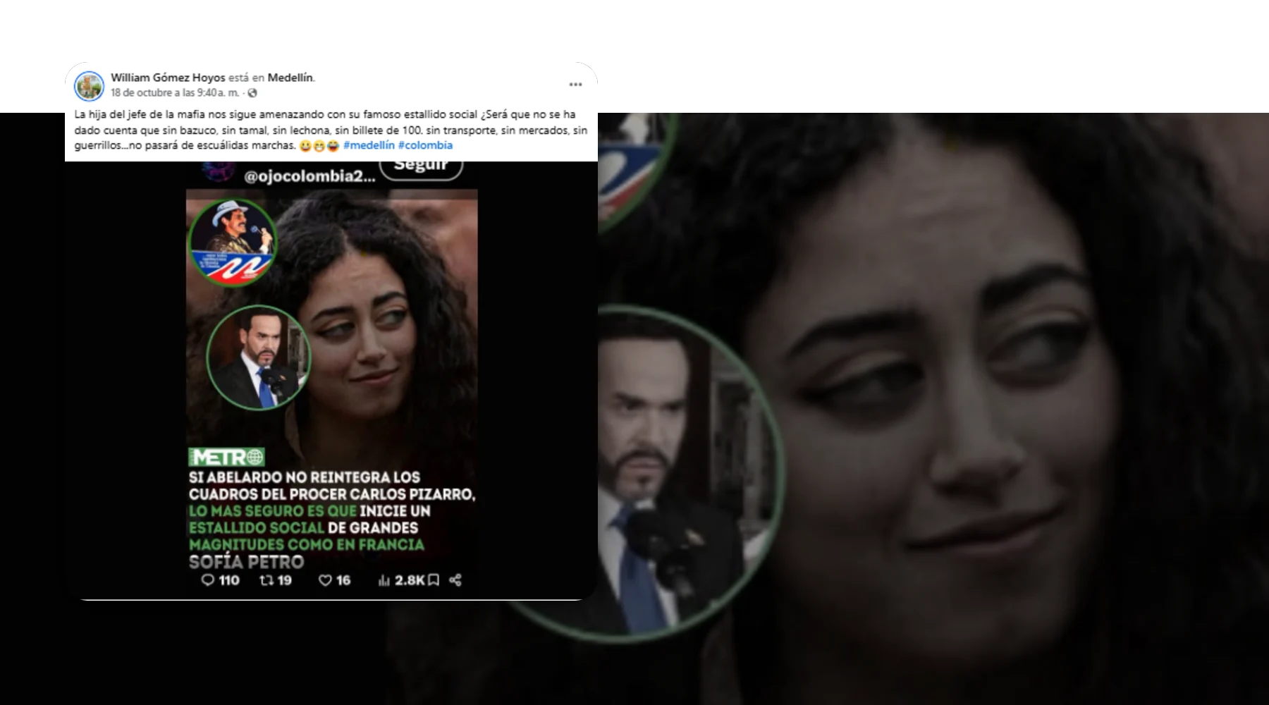 Captura de la publicación verificada sobre una foto de contexto: Ni Sofía Petro advirtió sobre “estallido social” por retiro de piezas del Museo Nacional ni Publimetro lo publicó