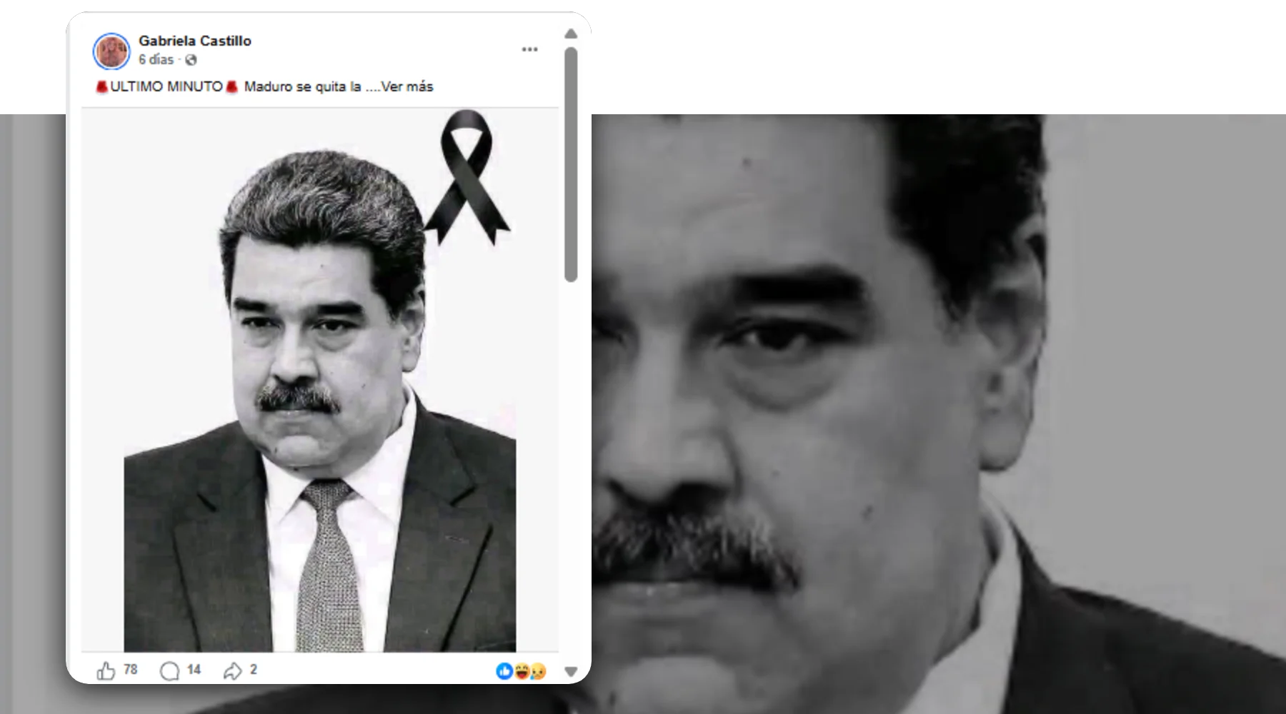 Captura de la publicación verificada sobre una foto de contexto: Nicolás Maduro no ha muerto ni “se quitó la vida” como se afirma en publicaciones de octubre de 2026