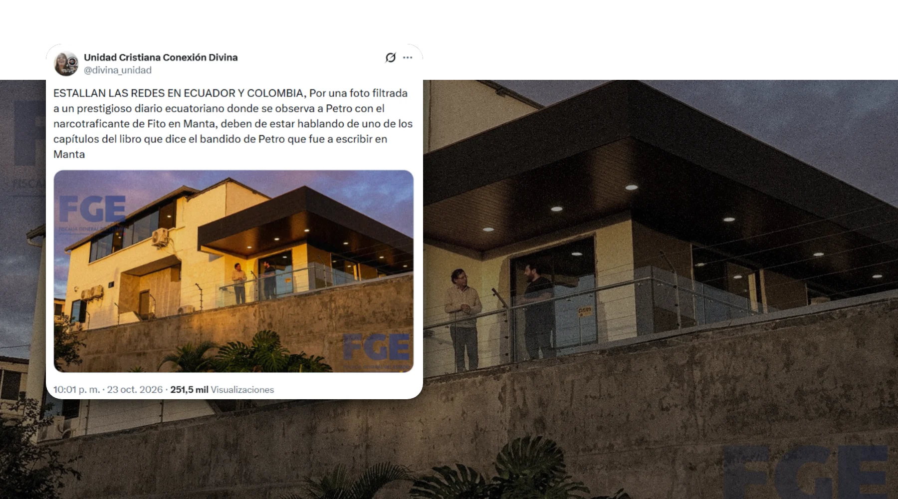 Captura de la publicación verificada sobre una foto de contexto: Nuevo montaje de Petro con alias “Fito” en una casa en Manta fue creado con IA