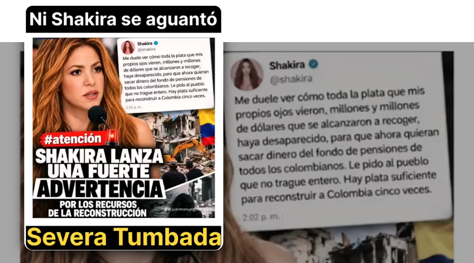 Captura de la publicación verificada sobre una foto de contexto: Shakira no trinó supuesta advertencia sobre recursos para la reconstrucción tras el terremoto