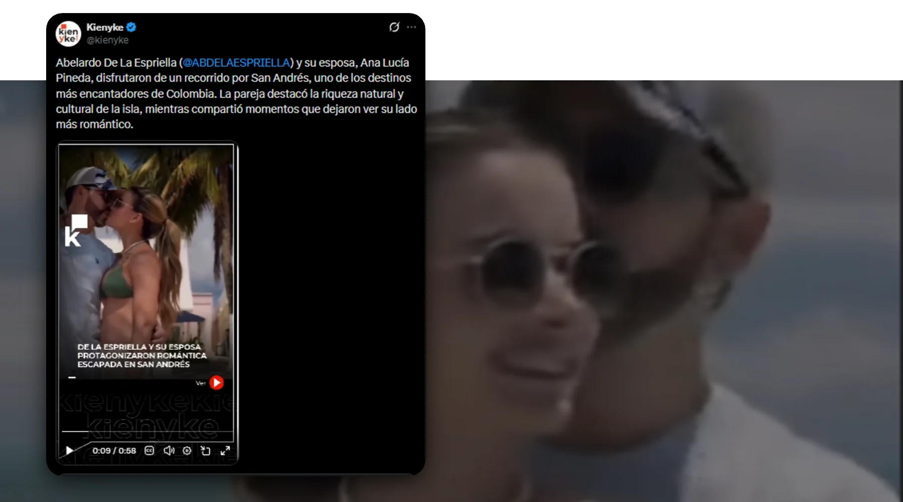Captura de la publicación verificada sobre una foto de contexto: Video de Abelardo de la Espriella y su esposa en San Andrés fue grabado antes de su posesión